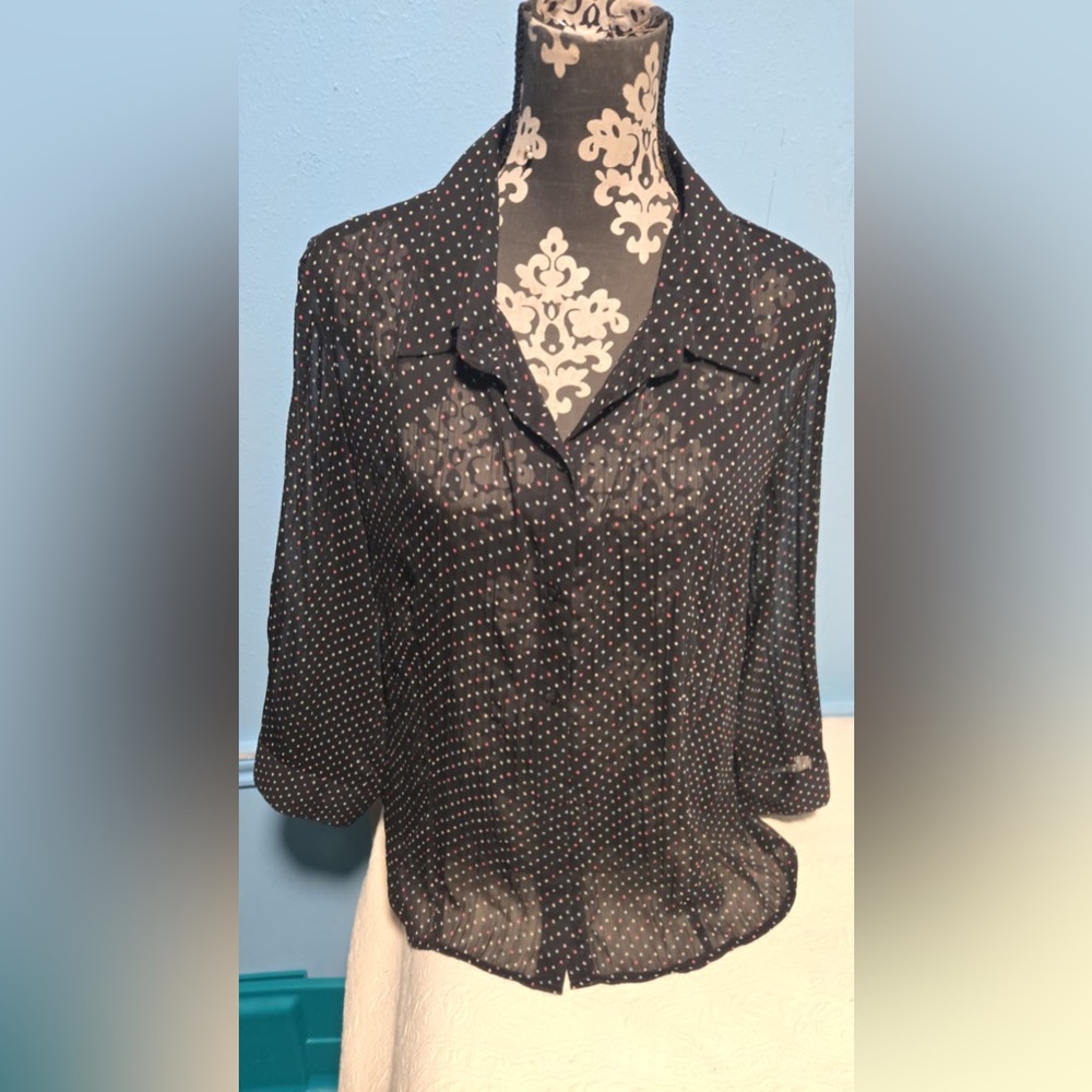 Croft & Barrow Black Blouse with White and Red Dots